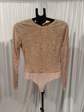 YaYa & Co Rose Gold Champagne All Over Sequin Long Sleeve Bodysuit Size Large